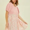 Full Size Round Neck Floral Ruffle Hem Mini Dress - French Rose