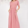 Full Size Round Neck Short Sleeve Maxi Dress with Pockets Plus Size - Dusty Pink