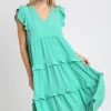 Full Size Ruffle Tiered Cap Sleeve Midi Dress Plus Size - Emerald