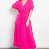 Full Size Shirred Front Short Sleeve Maxi Dress - Fuchsia