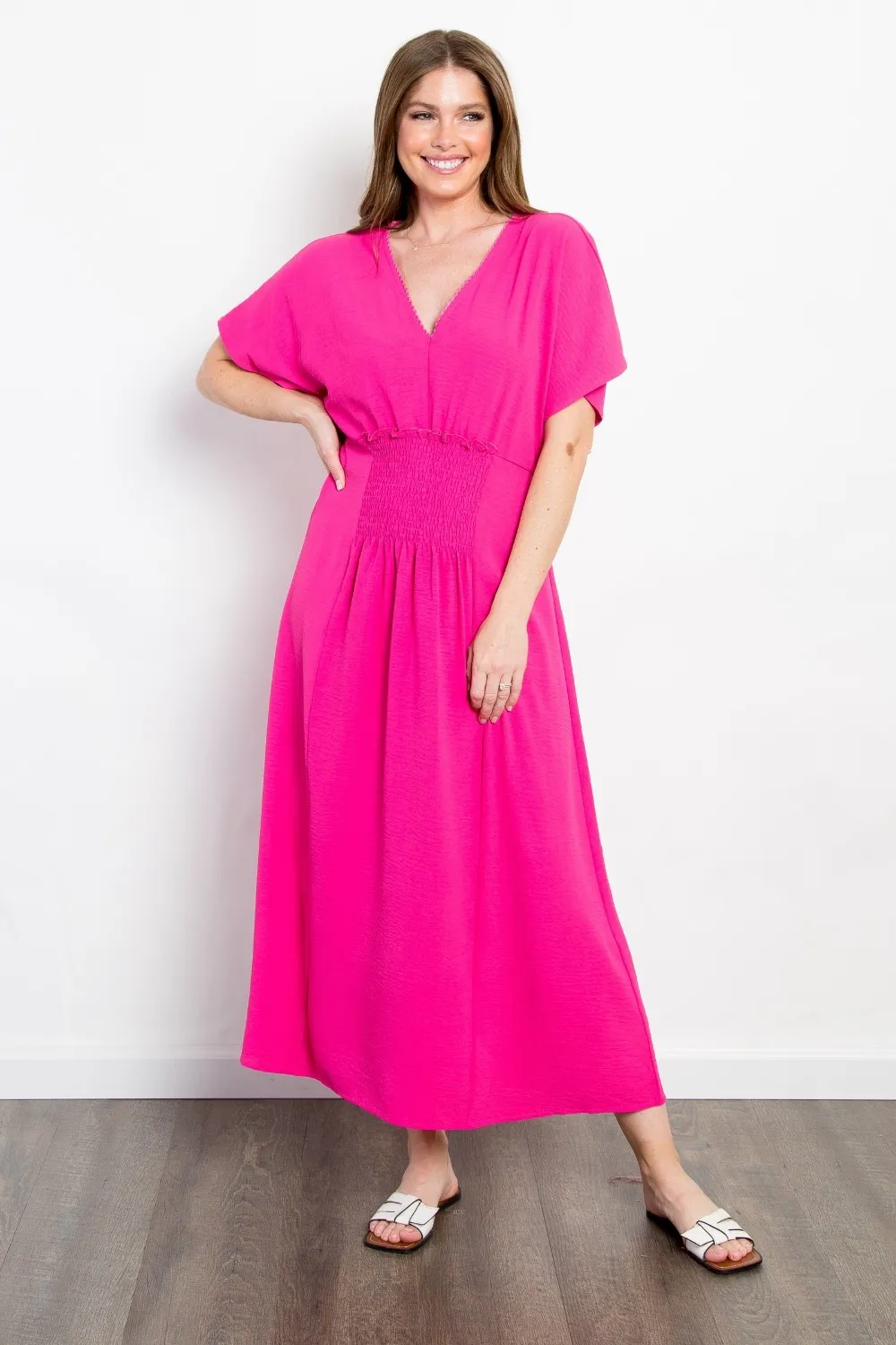Full Size Shirred Front Short Sleeve Maxi Dress - Fuchsia