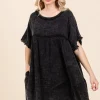 Full Size Short Sleeve Babydoll Texture Dress with Pockets - Black