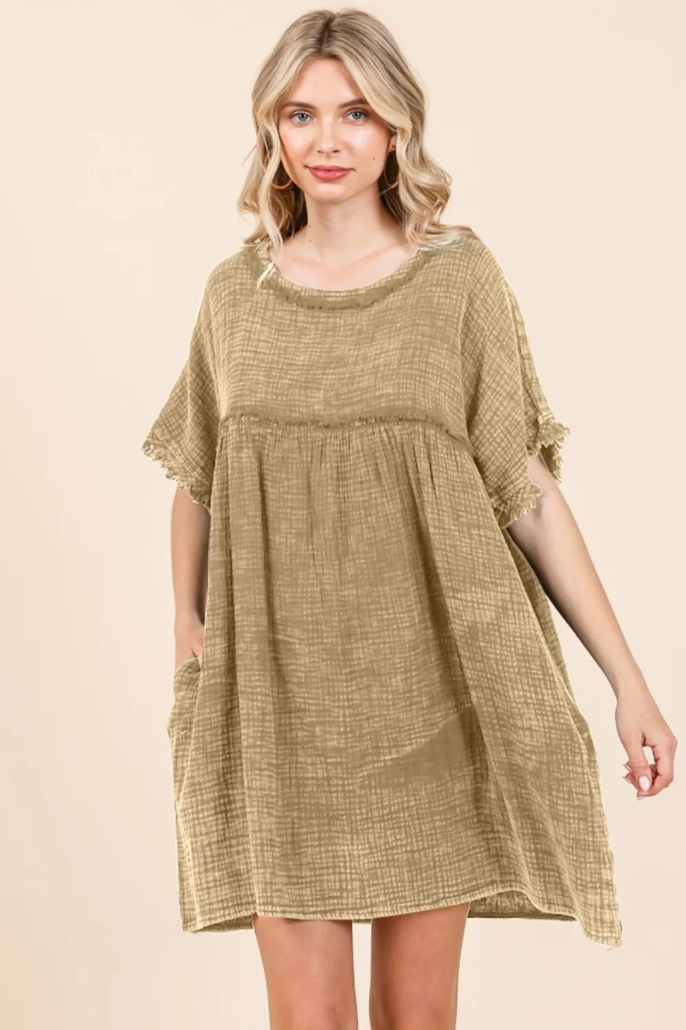 Full Size Short Sleeve Babydoll Texture Dress with Pockets - Iced Coffee