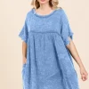 Full Size Short Sleeve Babydoll Texture Dress with Pockets - New Dusty Blue