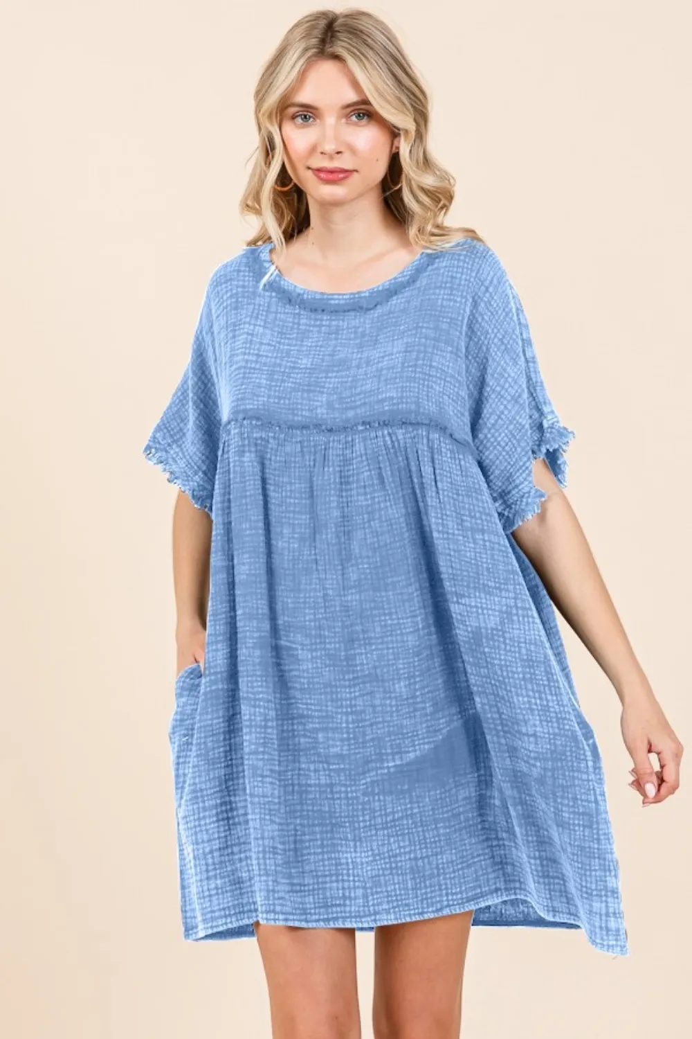 Full Size Short Sleeve Babydoll Texture Dress with Pockets - New Dusty Blue