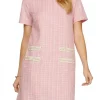 Full Size Short Sleeve Pearl Studded Trim Knit Tweed Dress Plus Size - Blush Pink
