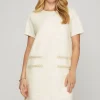 Full Size Short Sleeve Pearl Studded Trim Knit Tweed Dress Plus Size - Ivory
