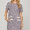 Full Size Short Sleeve Pearl Studded Trim Knit Tweed Dress Plus Size - Lilac
