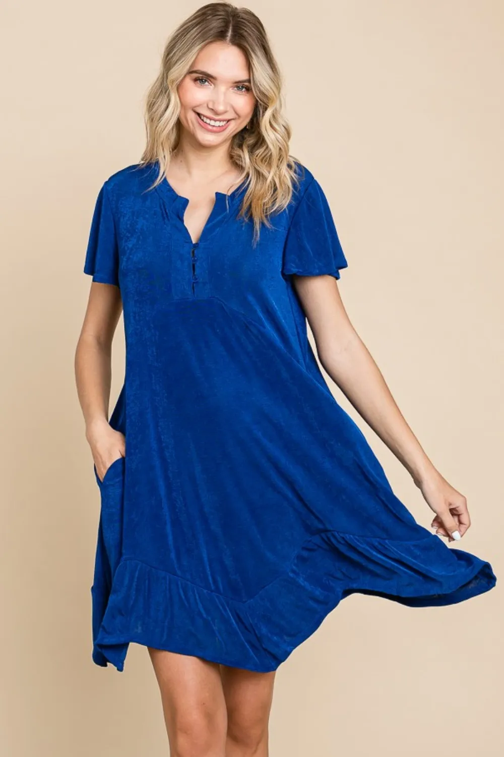 Full Size Short Sleeve Ruffled Asymmetric Hem Dress - Royal