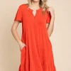 Full Size Short Sleeve Ruffled Asymmetric Hem Dress - Scarlet