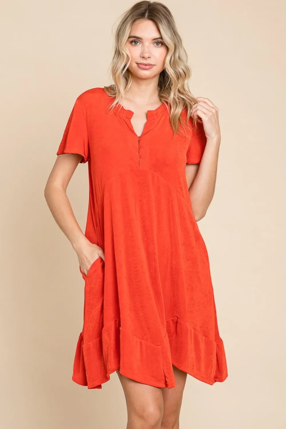Full Size Short Sleeve Ruffled Asymmetric Hem Dress - Scarlet