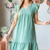 Full Size Short Sleeve V Neck Ruffled Hem Dress - Dusty Sage