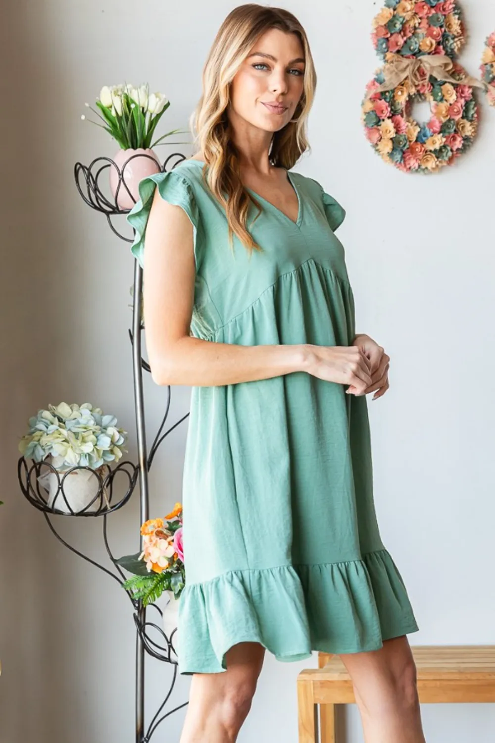 Full-Size-Short-Sleeve-V-Neck-Ruffled-Hem-Dress-Dusty-Sage-4