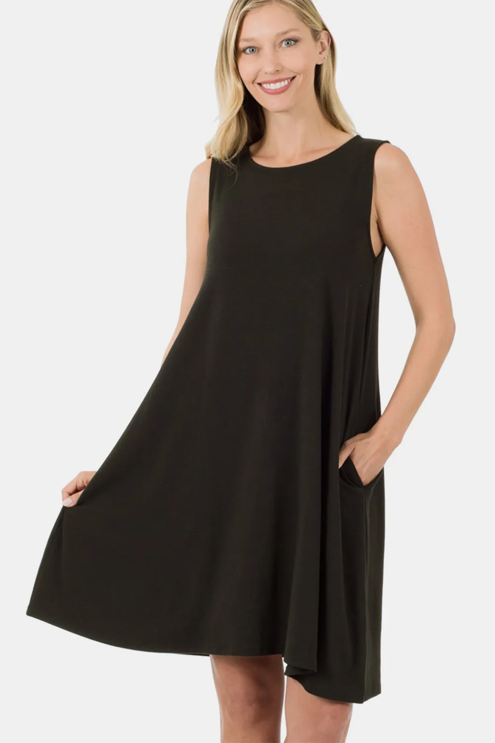 Full Size Sleeveless Flared Dress with Side Pockets - Black