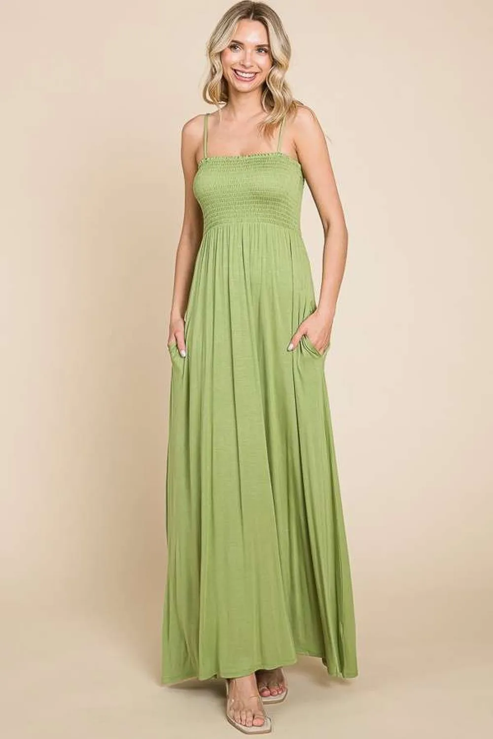 Full Size Smocked Cami Maxi Dress with Pockets - Happy Olive