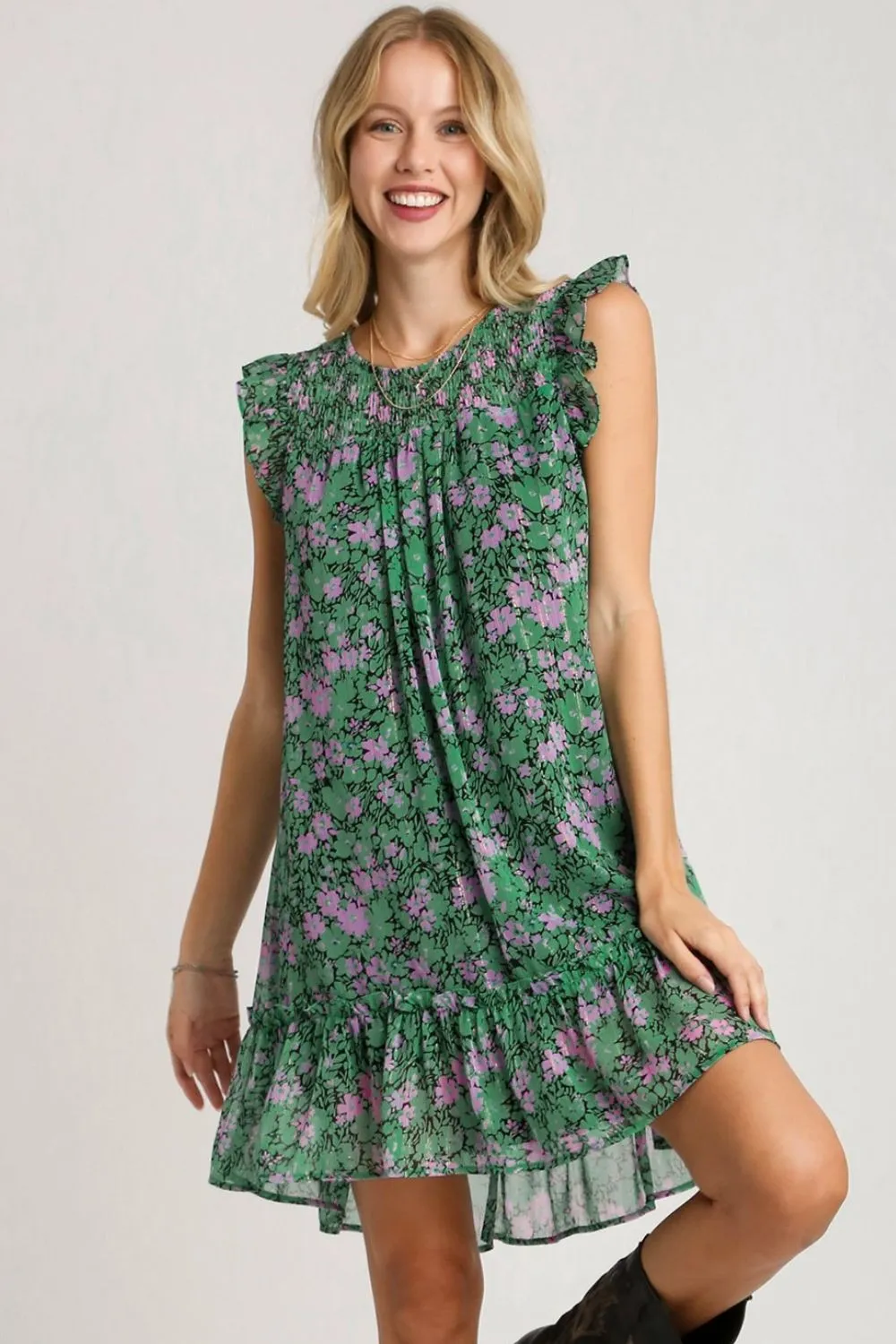 Full-Size-Smocked-Detail-Floral-Metallic-Ruffle-Cap-Sleeve-Dress-Plus-Size-Dark-Green-2