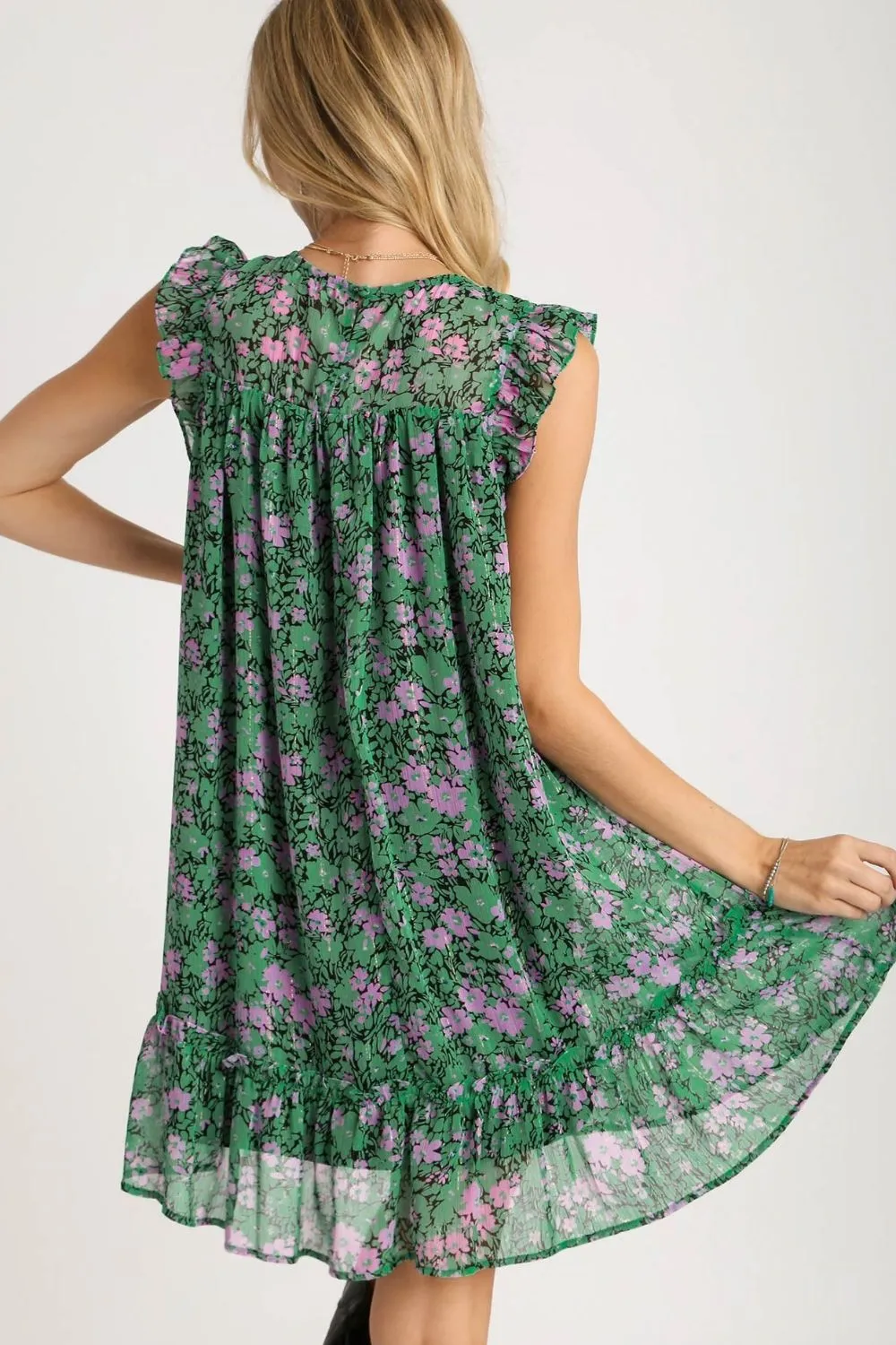 Full-Size-Smocked-Detail-Floral-Metallic-Ruffle-Cap-Sleeve-Dress-Plus-Size-Dark-Green-3