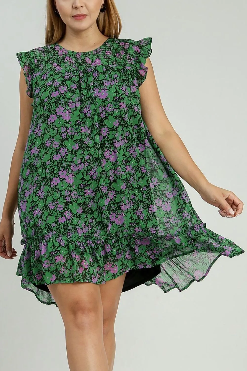 Full-Size-Smocked-Detail-Floral-Metallic-Ruffle-Cap-Sleeve-Dress-Plus-Size-Dark-Green-4
