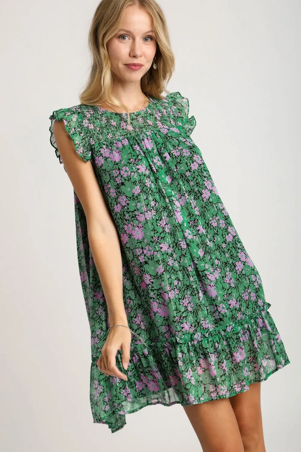 Full Size Smocked Detail Floral Metallic Ruffle Cap Sleeve Dress Plus Size - Dark Green