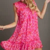 Full Size Smocked Detail Floral Metallic Ruffle Cap Sleeve Dress Plus Size - Hot Pink