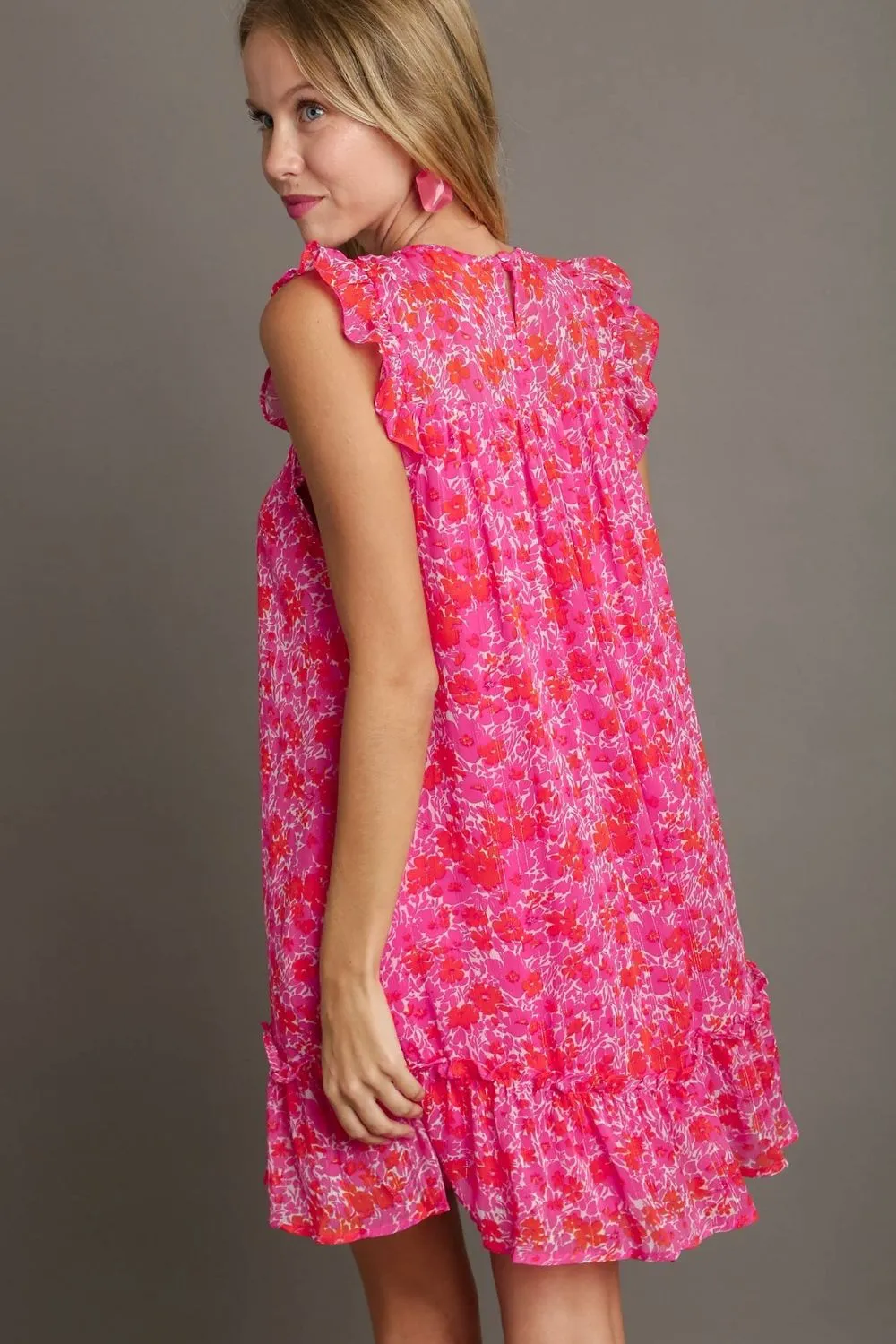 Full-Size-Smocked-Detail-Floral-Metallic-Ruffle-Cap-Sleeve-Dress-Plus-Size-Hot-Pink-2