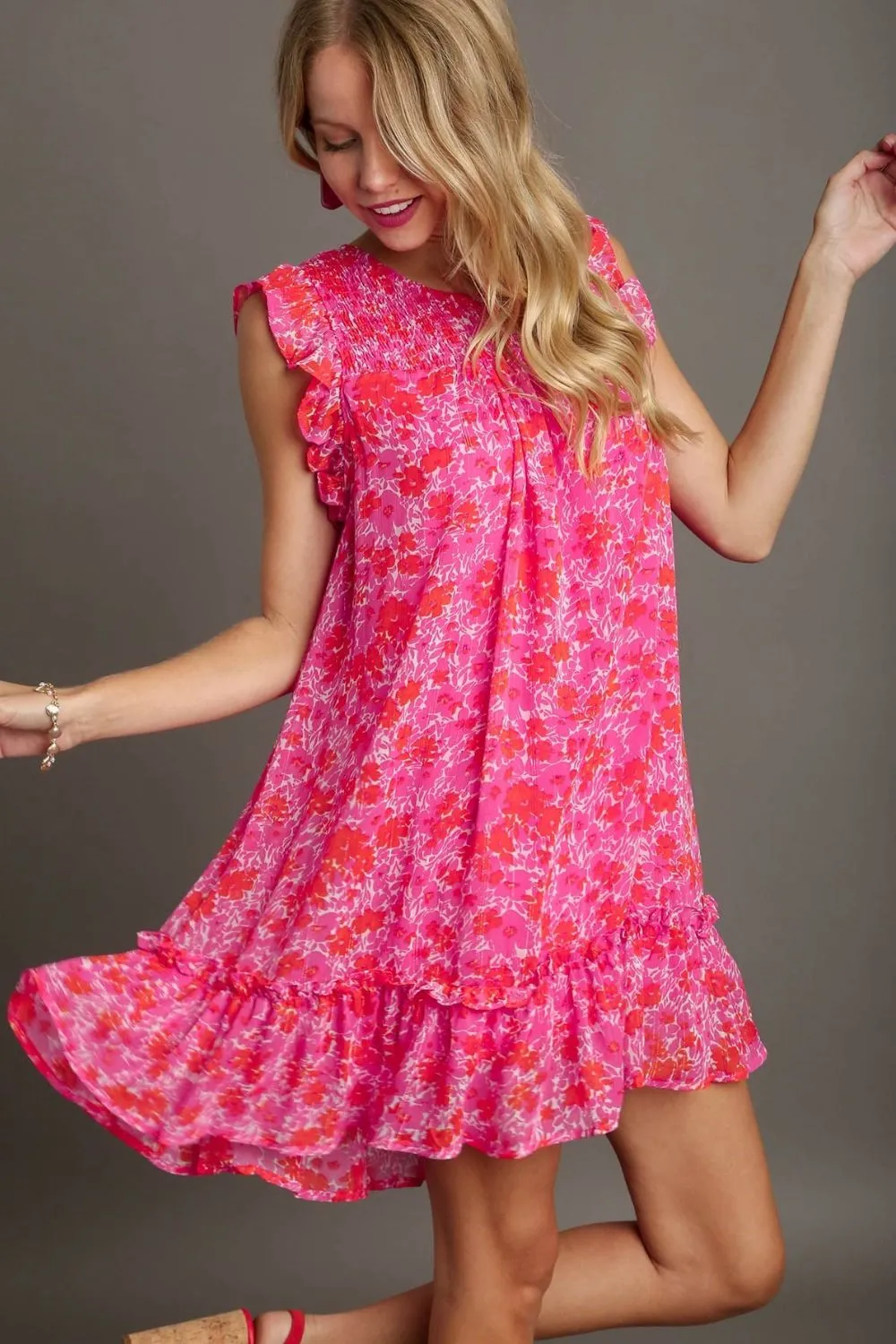 Full-Size-Smocked-Detail-Floral-Metallic-Ruffle-Cap-Sleeve-Dress-Plus-Size-Hot-Pink-3