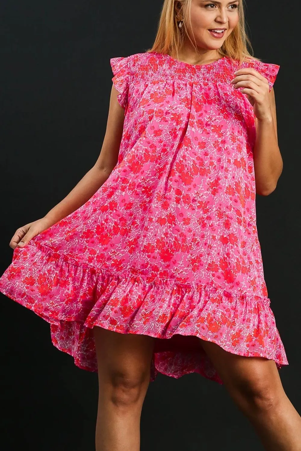 Full-Size-Smocked-Detail-Floral-Metallic-Ruffle-Cap-Sleeve-Dress-Plus-Size-Hot-Pink-4