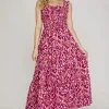 Full Size Smocked Printed Wide Strap Tiered Dress Plus Size - Deep Rose