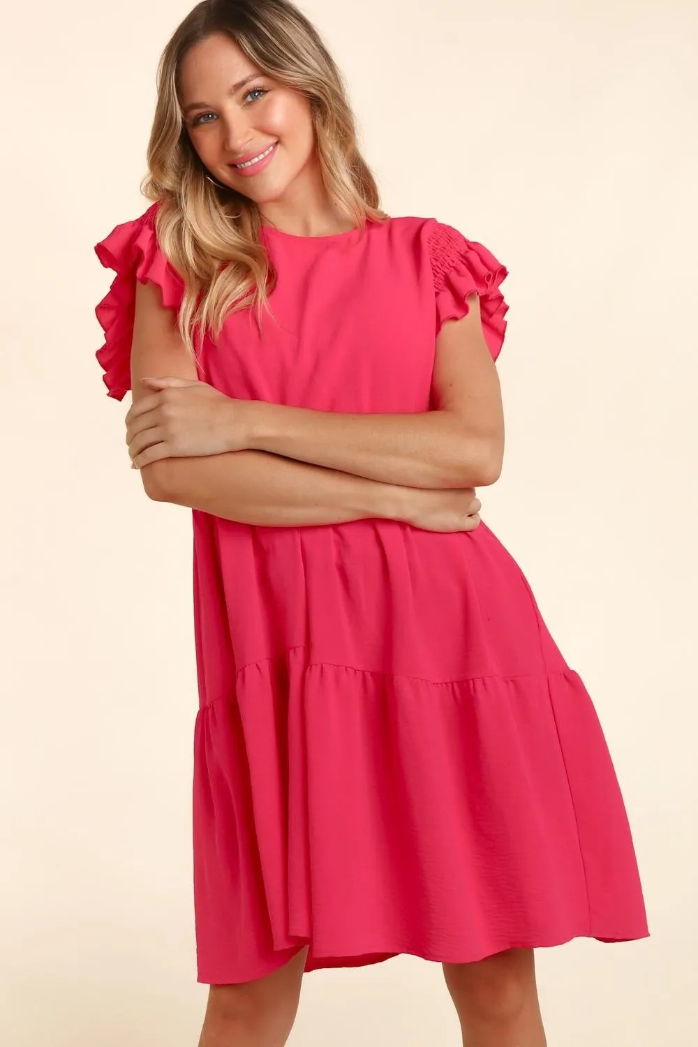 Full Size Smocking Ruffle Short Sleeve Dress with Pockets - Fuchsia