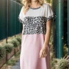 Full Size Solid Color Block and Animal Mini Dress Plus Size - Dusty Pink
