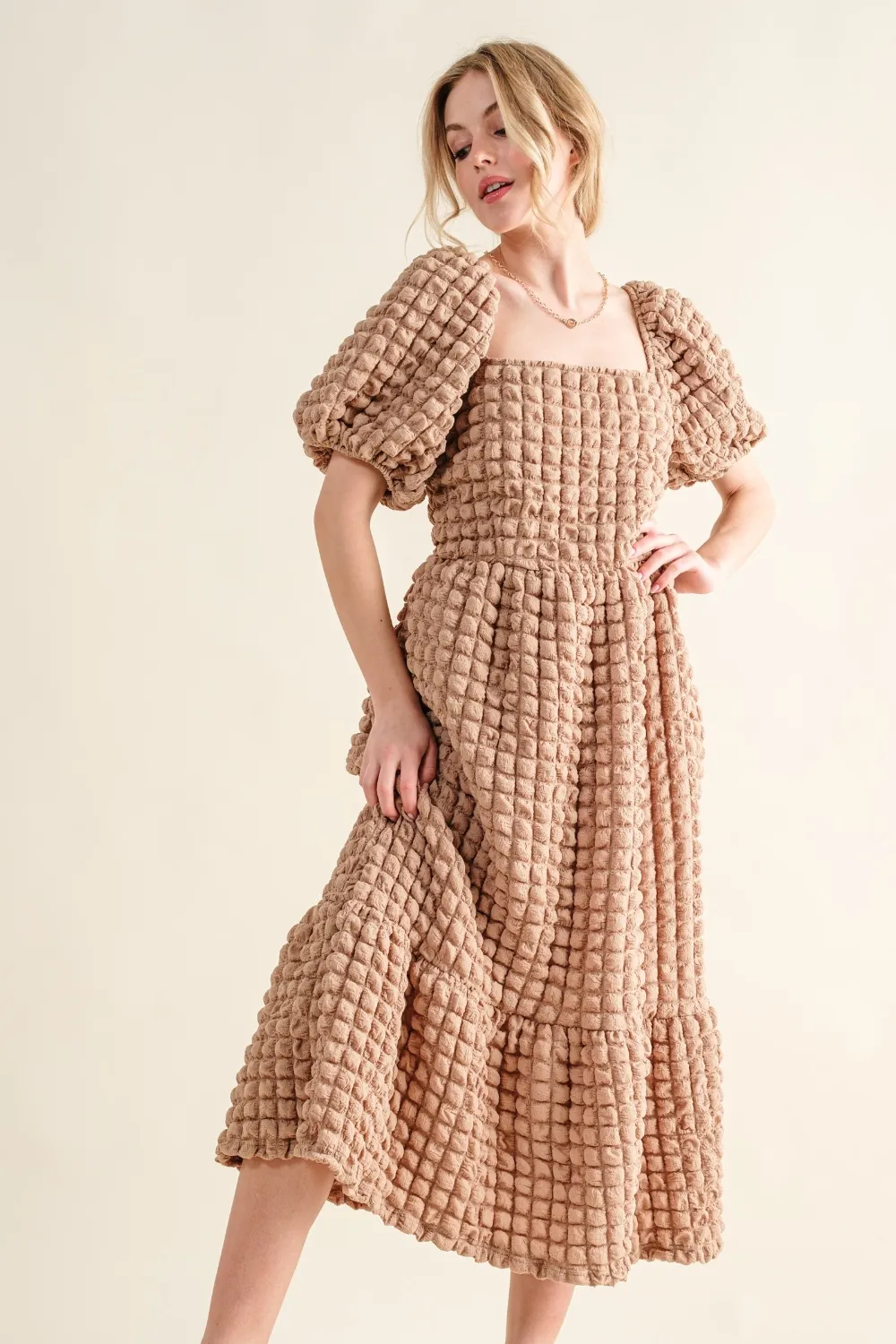 Full Size Square Neck Puff Sleeve Dress - Latte