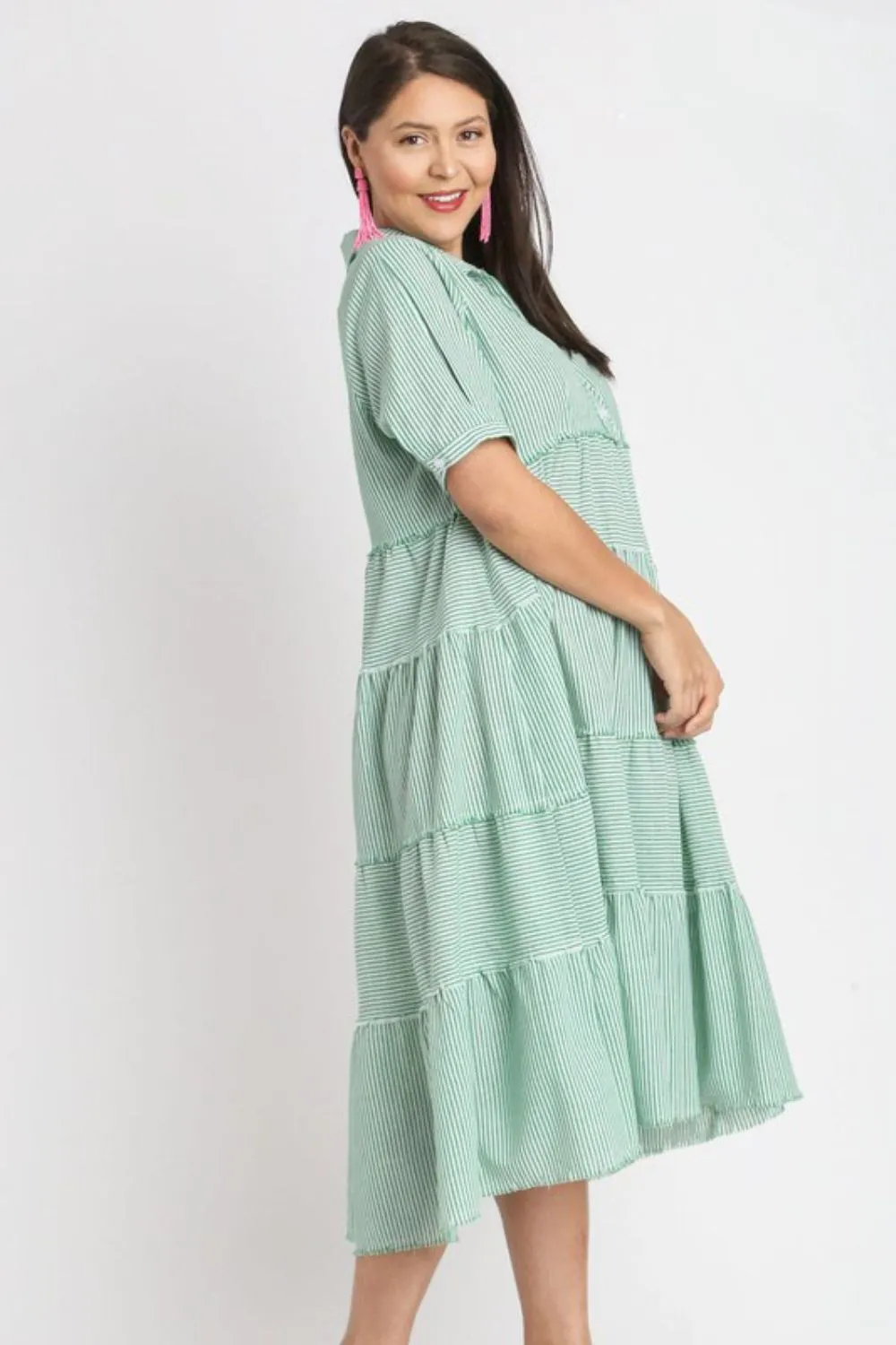 Full Size Stripe Tiered A-Line Midi Dress Plus Size -  Gum Leaf