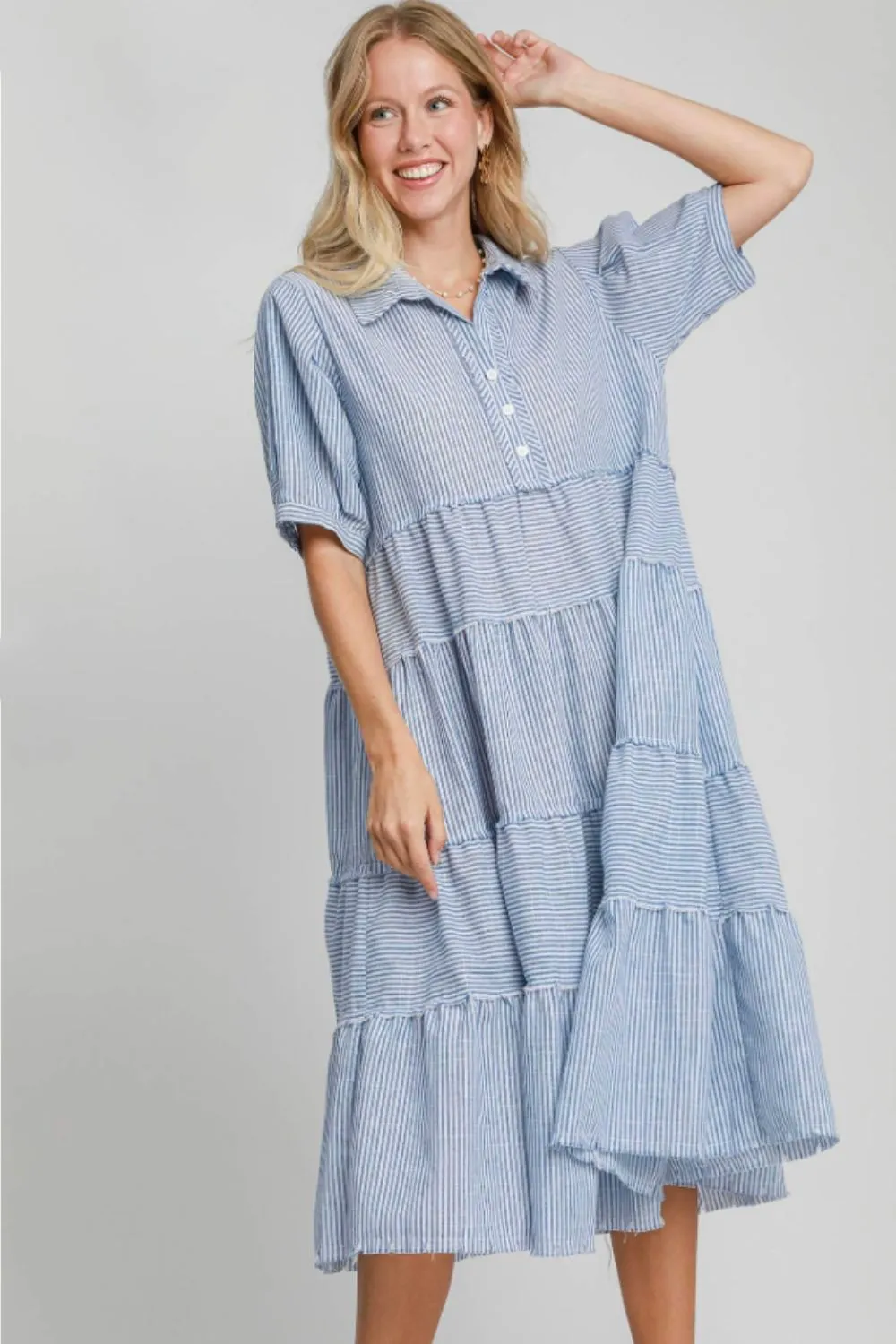 Full Size Stripe Tiered A-Line Midi Dress Plus Size - Light Blue