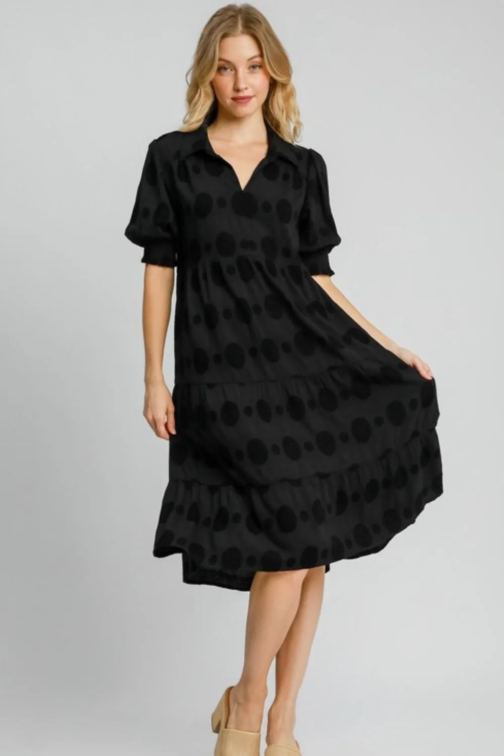 Full Size Swiss Dot Jacquard Tiered Midi Dress Plus Size - Black