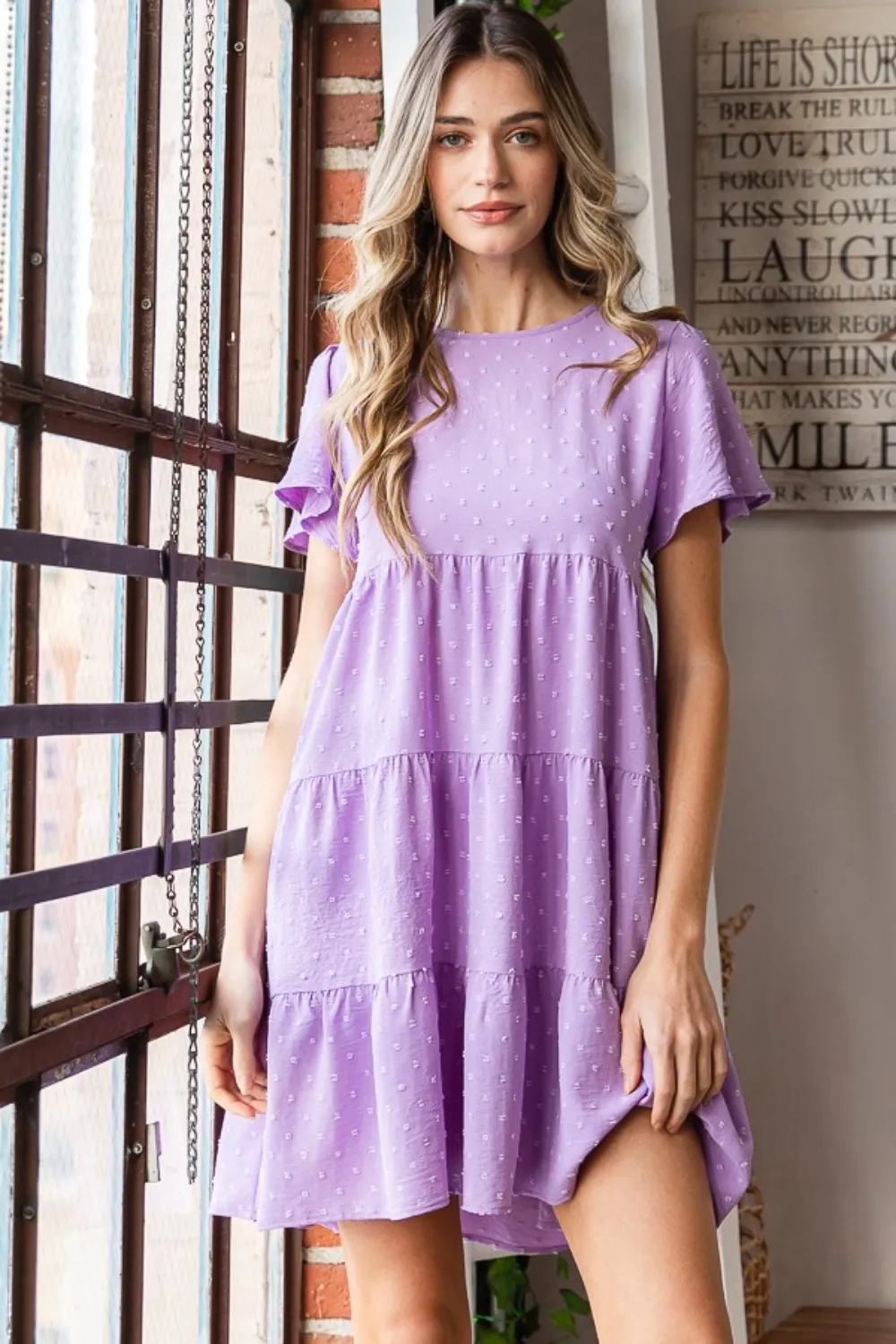 Full Size Swiss Dot Short Sleeve Tiered Dress - Lilac