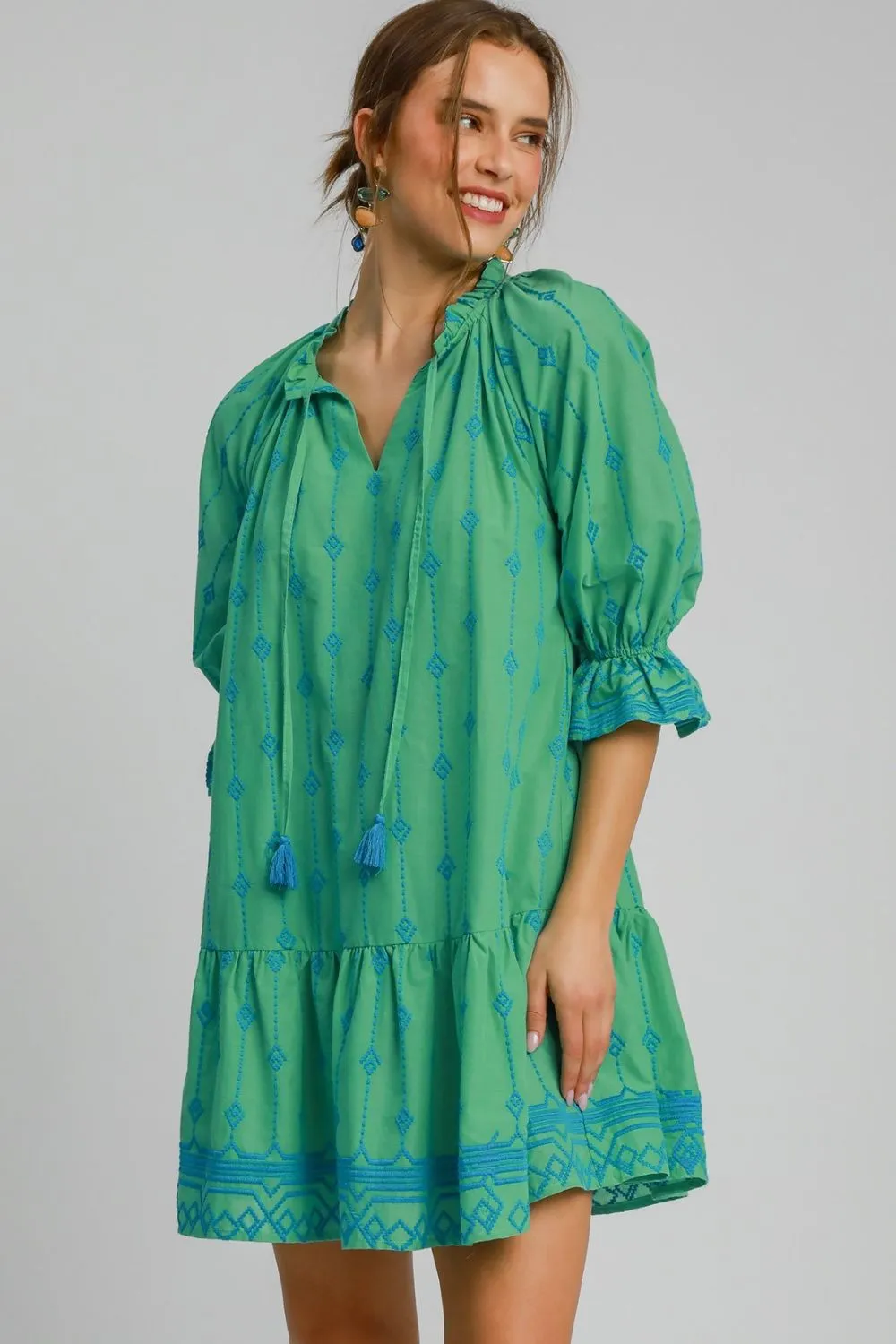 Full Size Tassel Embroidered Flounce Sleeve Mini Dress Plus Size - Green
