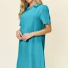 Full Size Texture Collared Neck Short Sleeve Dress - Sky Blue