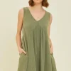 Full Size Texture V-Neck Sleeveless Flare Mini Dress - Green