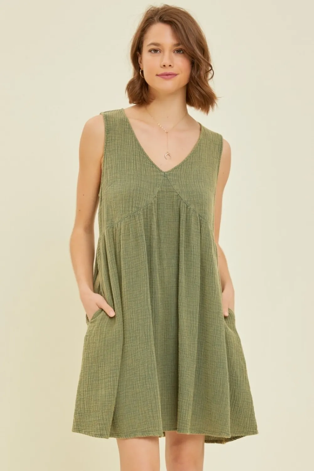 Full Size Texture V-Neck Sleeveless Flare Mini Dress - Green