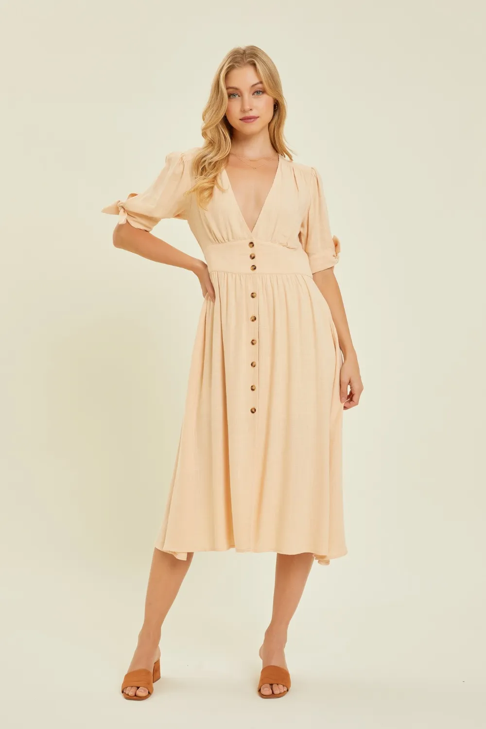 Full Size Textured Linen V-Neck Button-Down Midi Dress - Cream