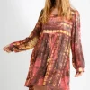 Full Size Tie Dye Long Sleeve Babydoll Dress with Keyhole Plus Size - Coral/Mocha