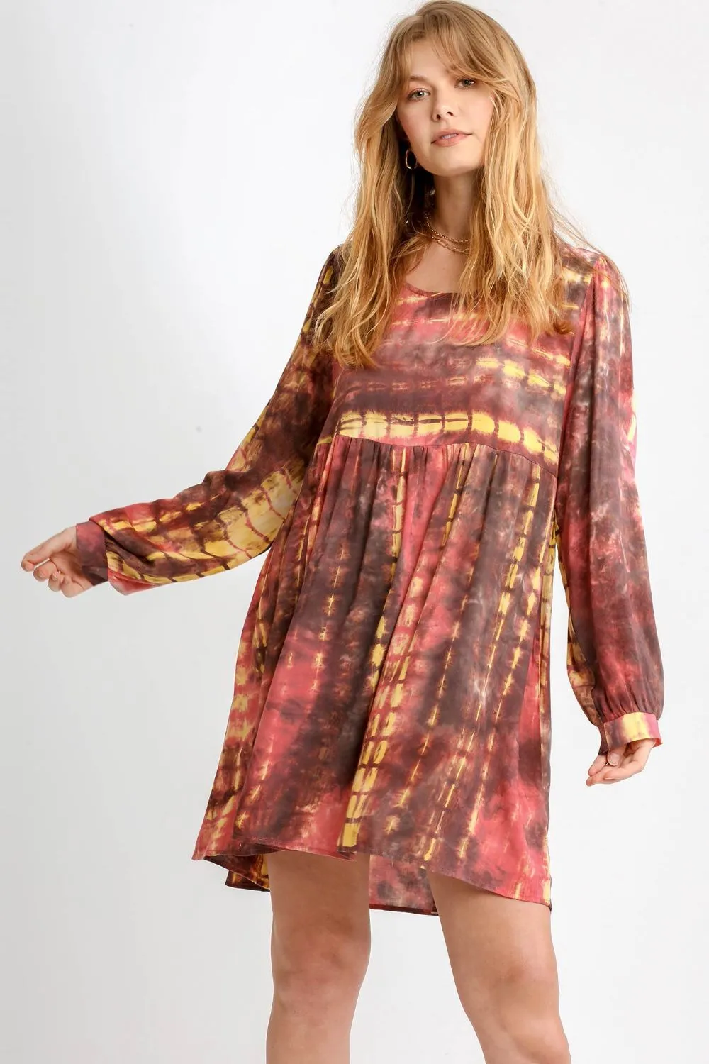 Full Size Tie Dye Long Sleeve Babydoll Dress with Keyhole Plus Size - Coral/Mocha
