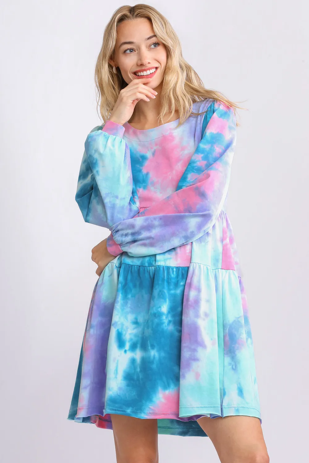 Full Size Tie Dye Round Neck Long Sleeve Babydoll Tiered Dress Plus Size - Teal/Pink