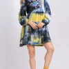 Full Size Tie Dye Round Neck Long Sleeve Babydoll Tiered Dress Plus Size - Yellow/Black