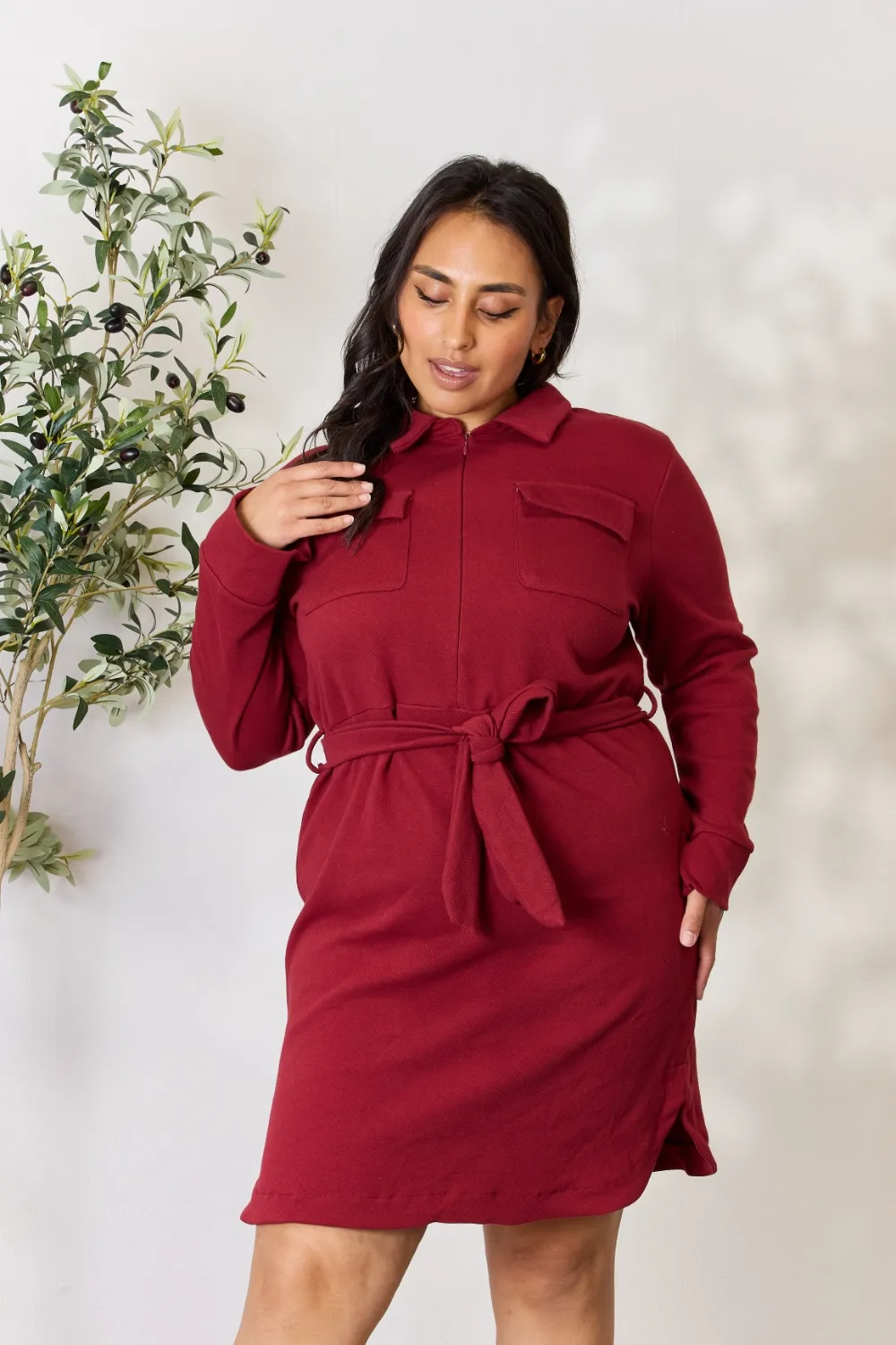Full Size Tie Front Half Zip Long Sleeve Shirt Dress - Burgundy