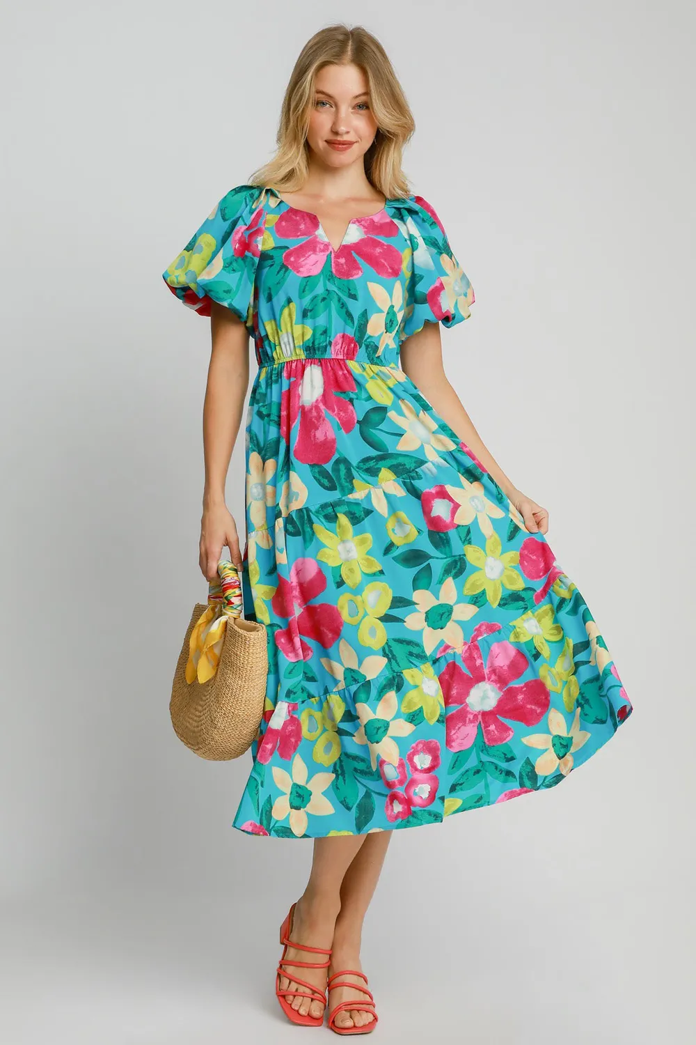Full Size Tiered Floral Print Notched Puff Sleeve Midi Dress Plus Size - Azuremix