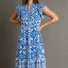 Full Size Two Tone Border Print Ruffle Cap Sleeve Midi Dress Plus Size - Blue
