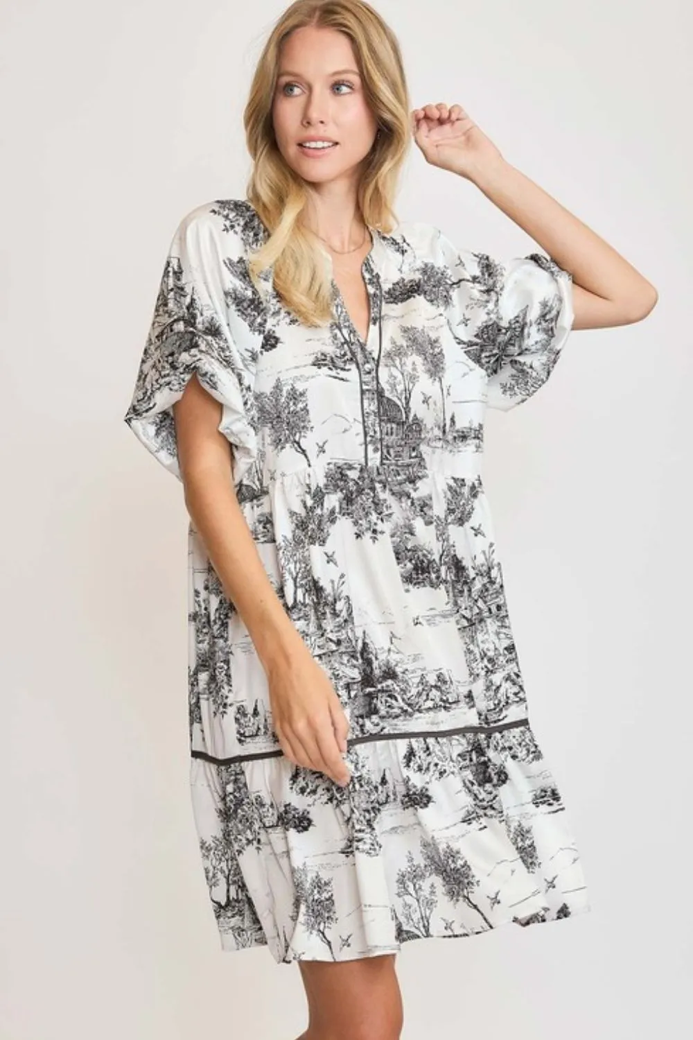 Full Size Two Tone Landscape Print Dress Plus Size - Black