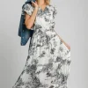 Full Size Two Tone Landscape Print Midi Dress Plus Size - Black