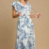 Full Size Two Tone Landscape Print Midi Dress Plus Size - Sky Blue